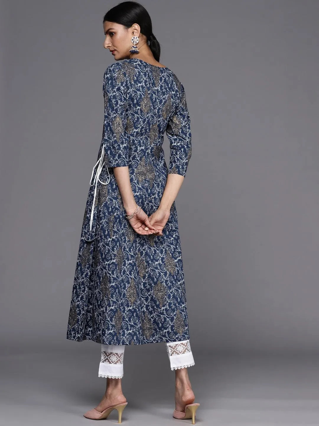 Blue Printed Cotton A-Line Kurta - Libas