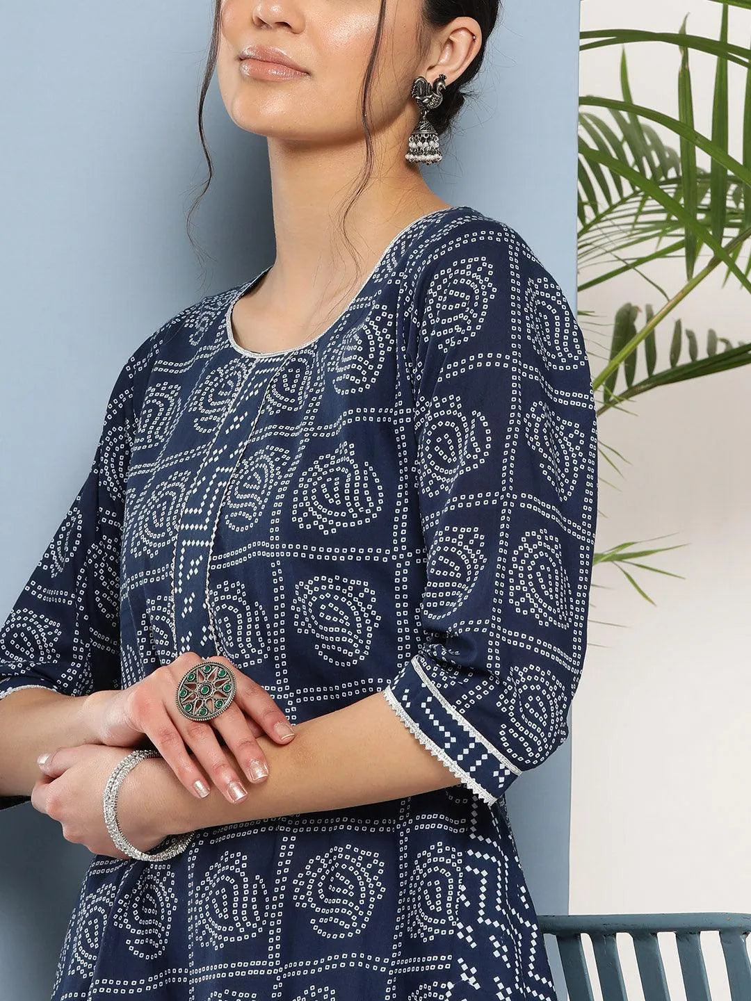 Blue Printed Cotton A-Line Kurta - Libas