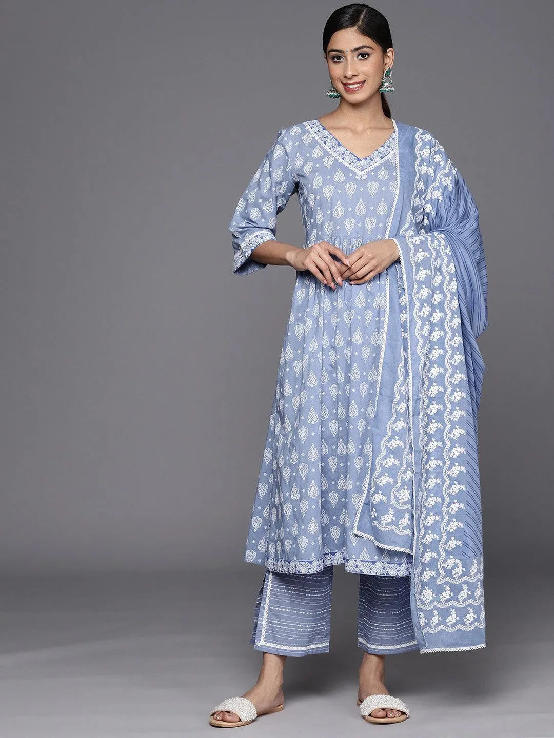 

Blue Printed Cotton A-Line Kurta With Dupatta