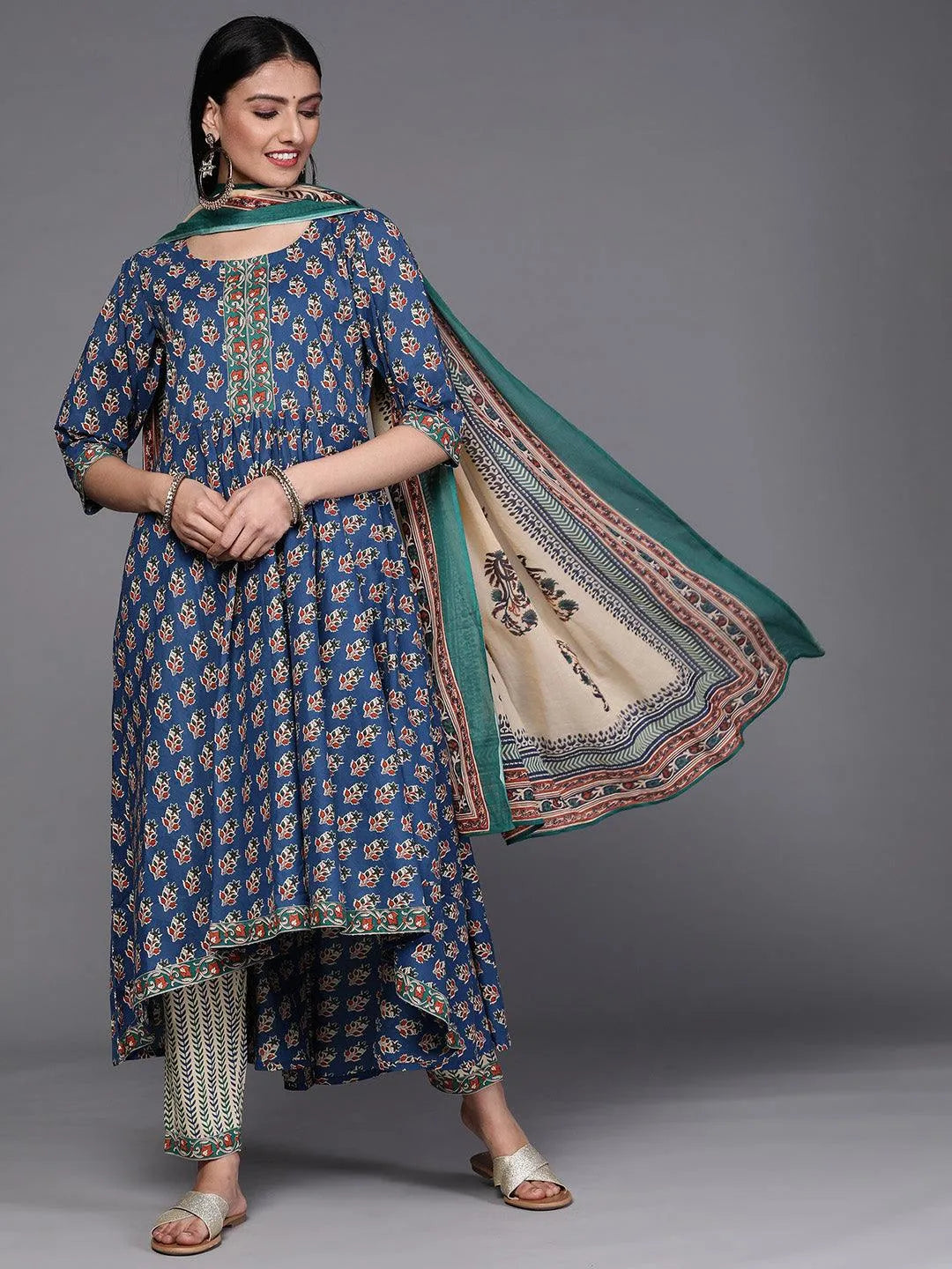 Blue Printed Cotton Suit Set - Libas 