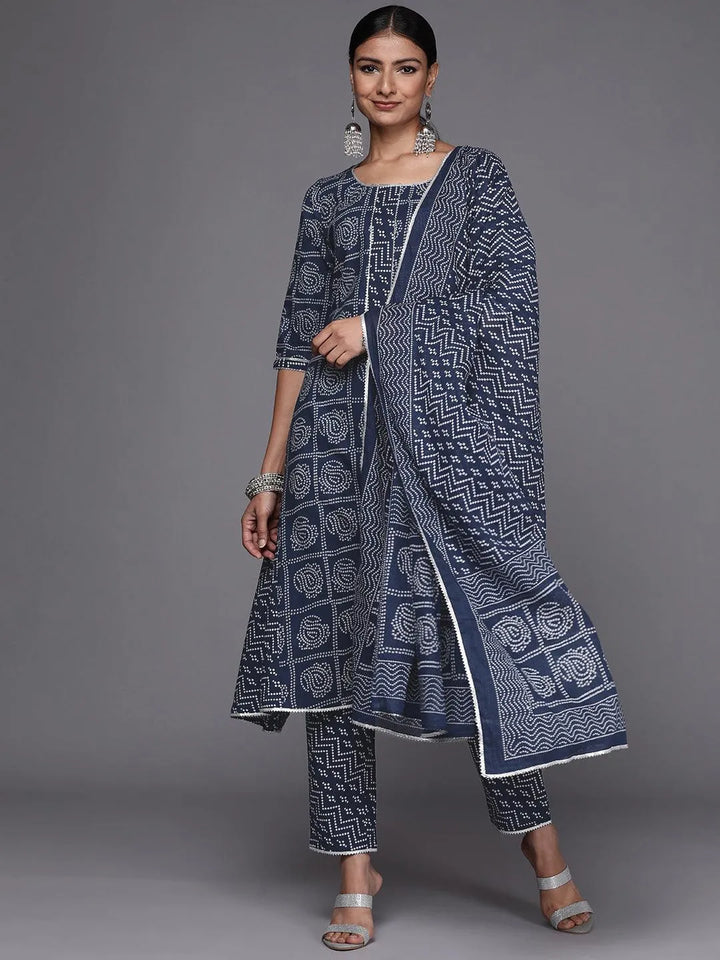 Blue Printed Cotton A-Line Suit Set - Libas