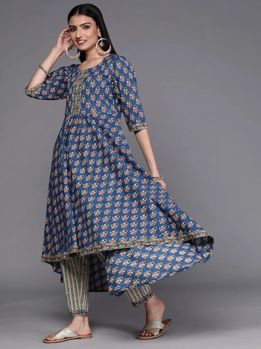 Blue Printed Cotton Suit Set - Libas 