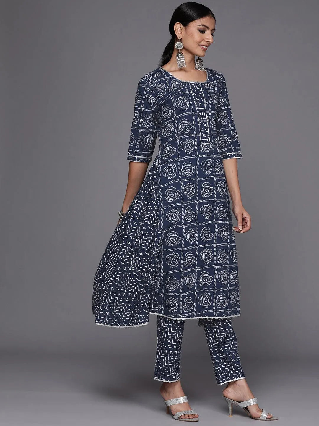 Blue Printed Cotton A-Line Suit Set - Libas