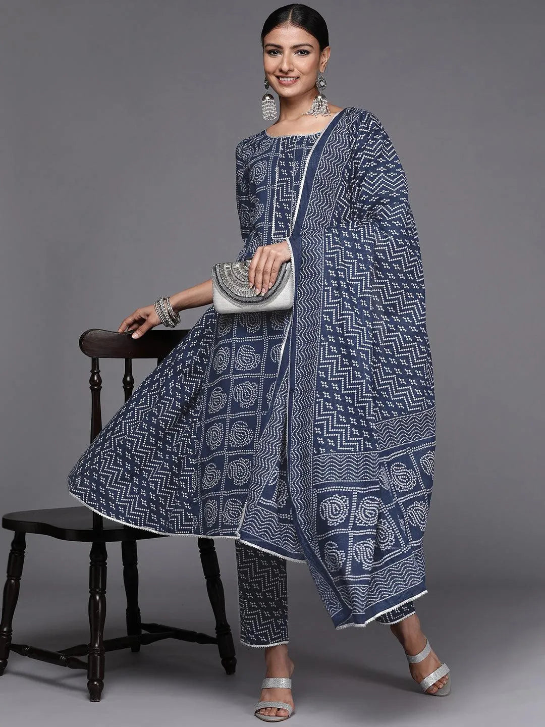 Blue Printed Cotton A-Line Suit Set - Libas