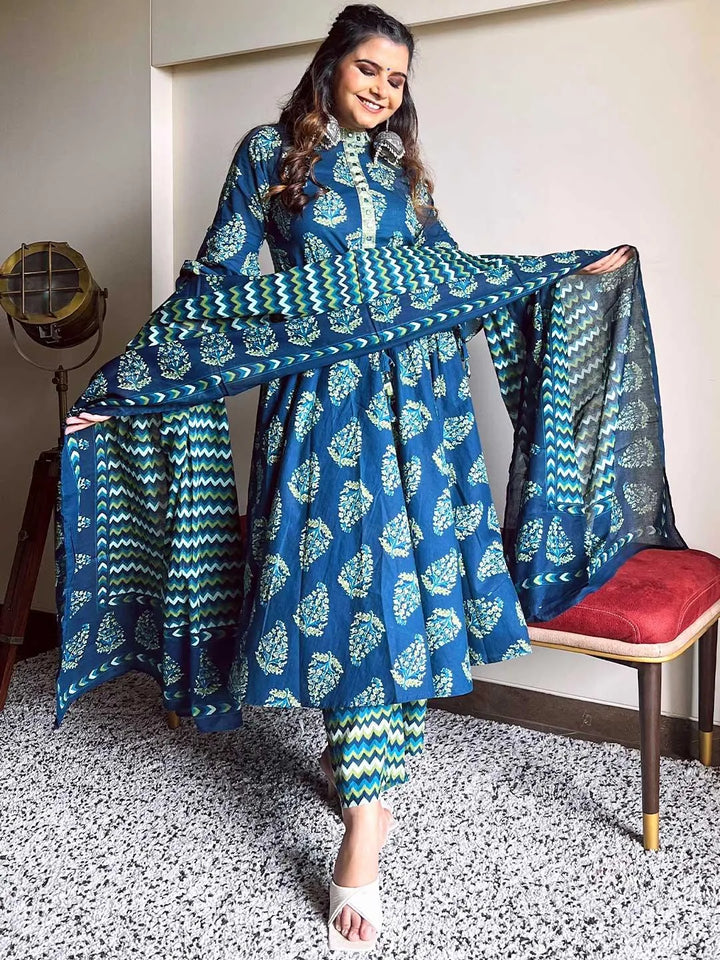 Blue Printed Cotton Suit Set - Libas