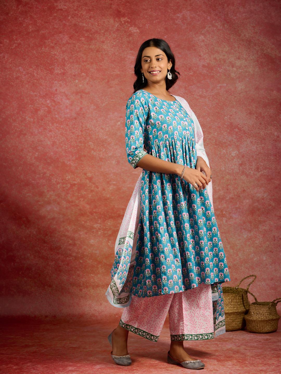 Blue Printed Cotton A-Line Kurta With Palazzos & Dupatta - Libas