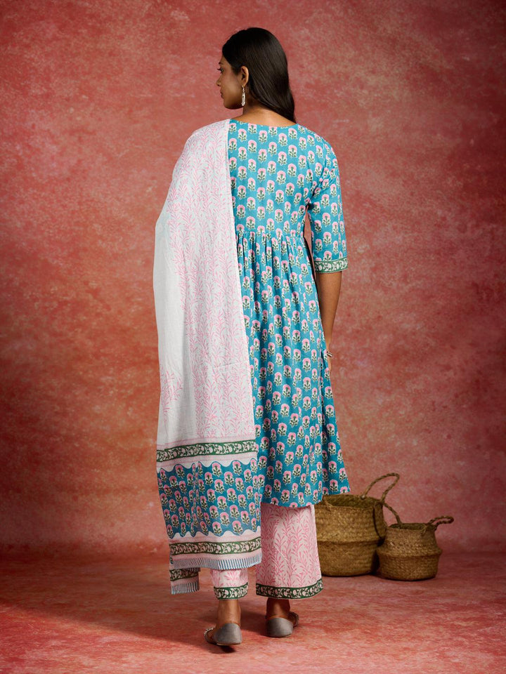 Blue Printed Cotton A-Line Kurta With Palazzos & Dupatta - Libas