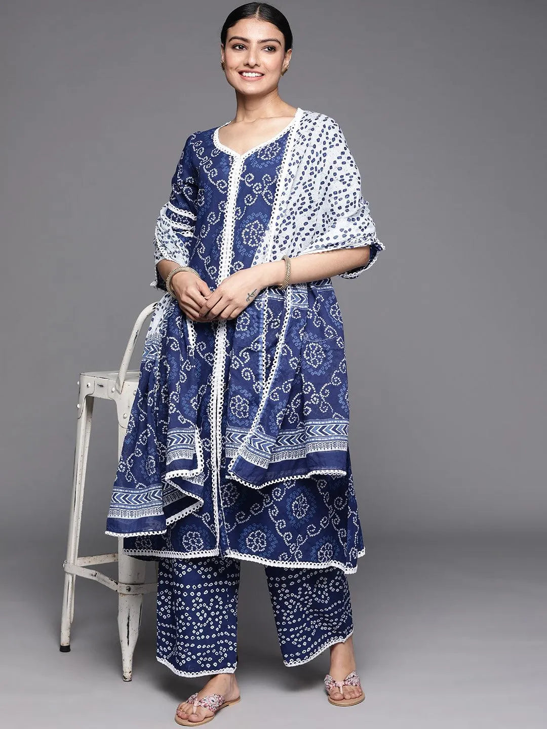 Blue Printed Cotton Suit Set - Libas 