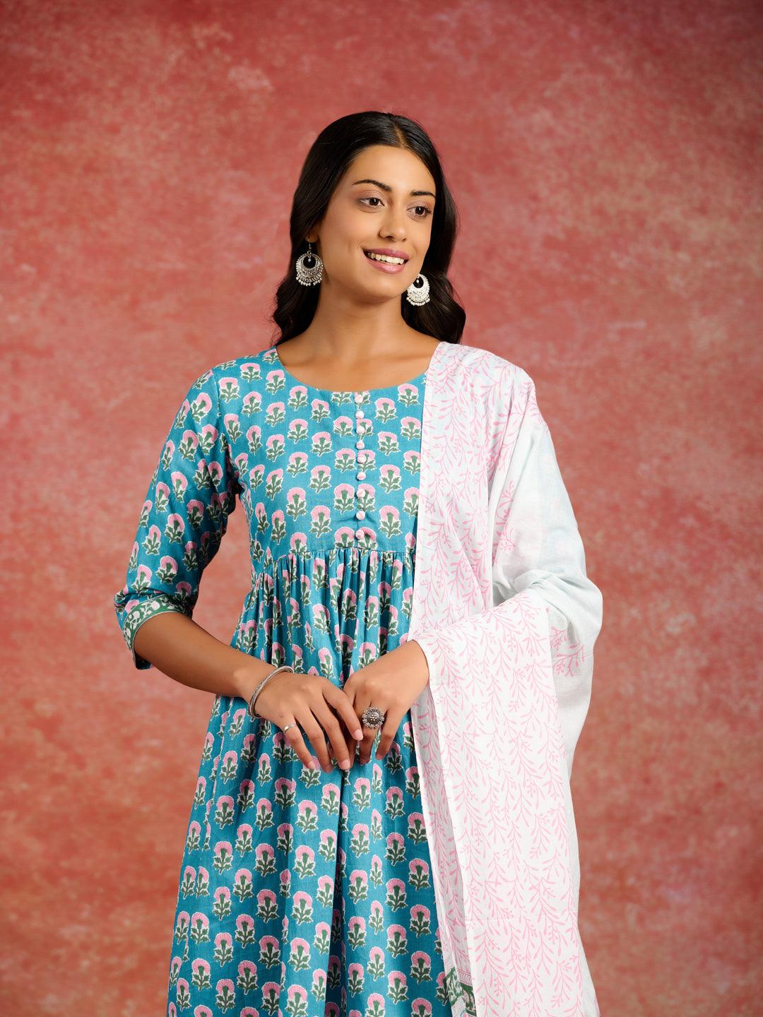 Blue Printed Cotton A-Line Kurta With Palazzos & Dupatta - Libas