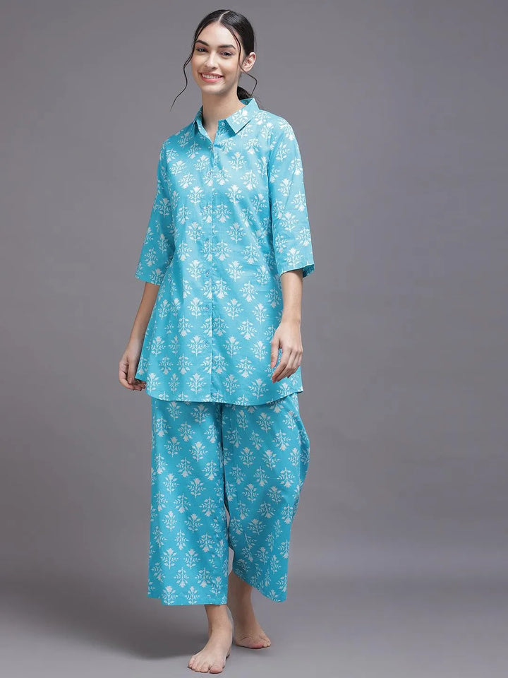 Blue Printed Cotton Night Suit - Libas