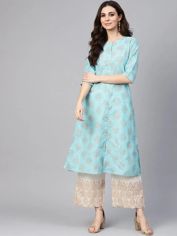 Blue Printed Cotton Kurta Set - Libas