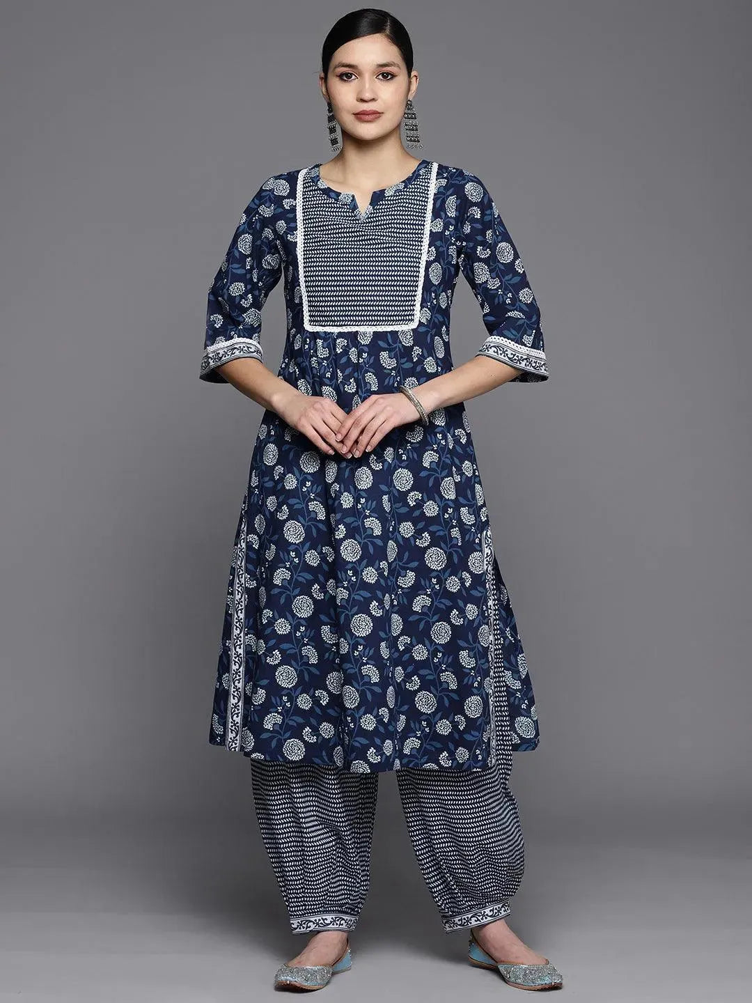 Blue Printed Cotton A-Line Kurta Set With Salwar - Libas