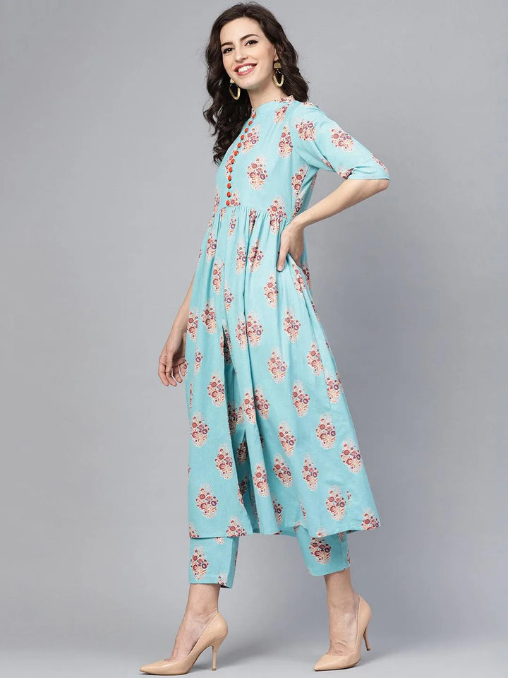 Blue Printed Cotton Kurta Set - Libas