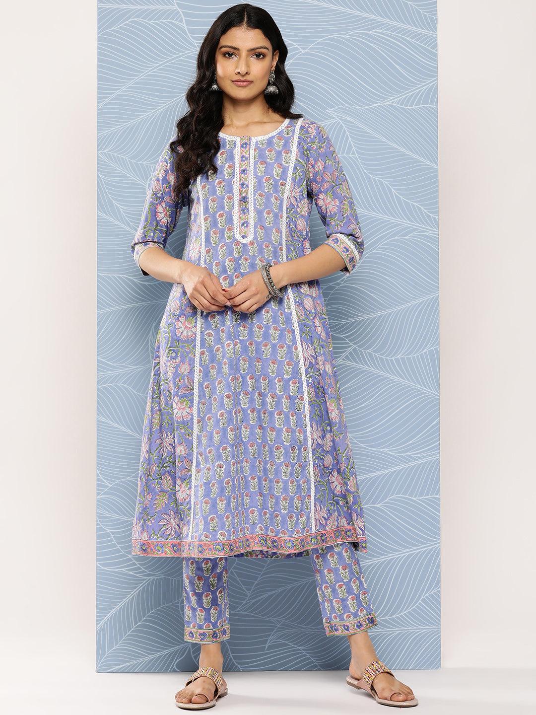 Blue Printed Cotton A-Line Kurta With Trousers