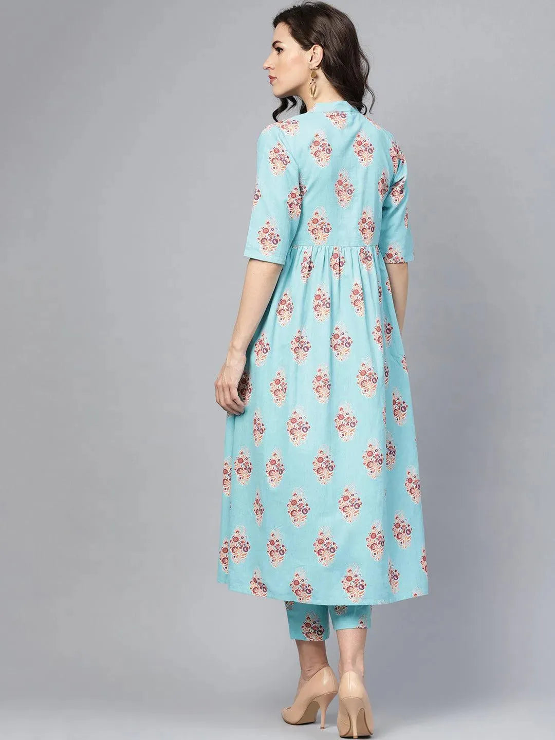 

Blue Printed Cotton A-Line Kurta With Trousers