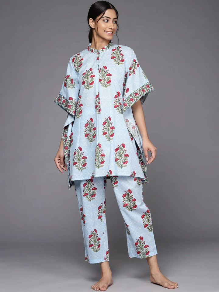 Blue Printed Cotton Night Suit - Libas