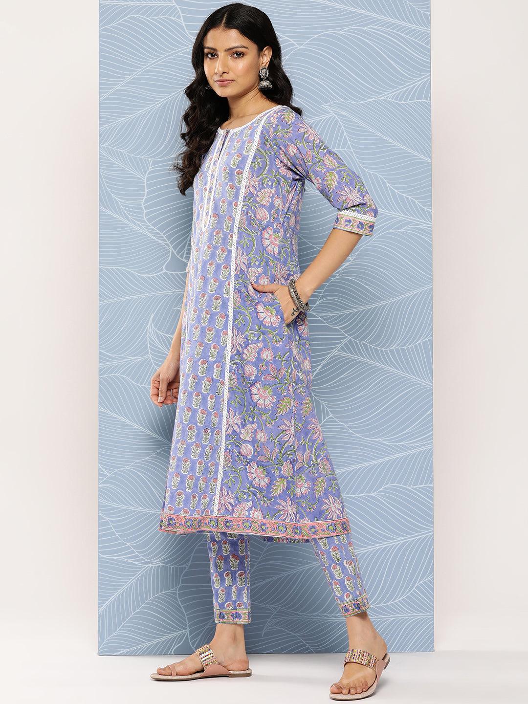 Blue Printed Cotton A-Line Kurta With Trousers