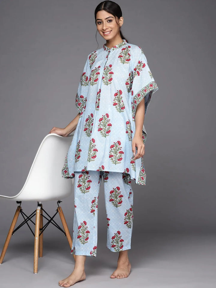 Blue Printed Cotton Night Suit - Libas