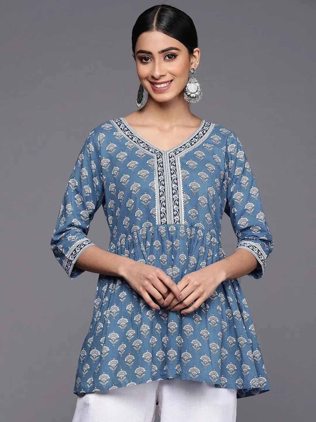 

Blue Printed Cotton A-Line Kurti