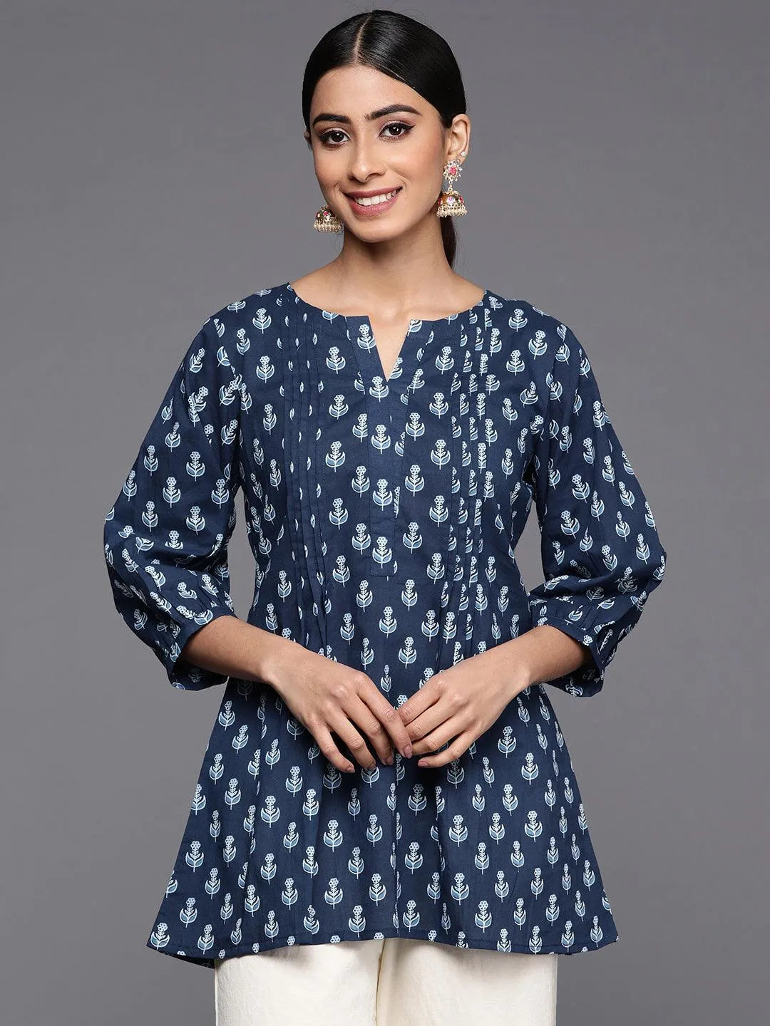 Blue Printed Cotton A-Line Kurti - Libas