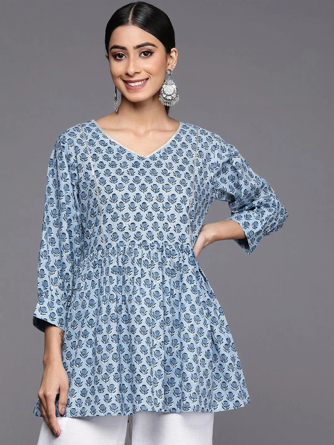 Blue Printed Cotton A-Line Kurti - Libas