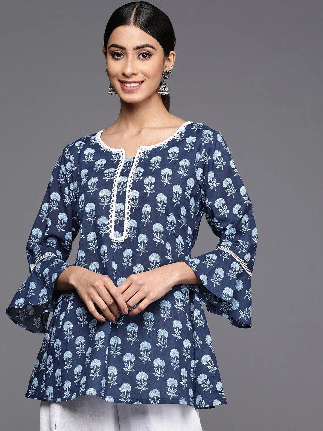 Blue Printed Cotton A-Line Kurti - Libas 