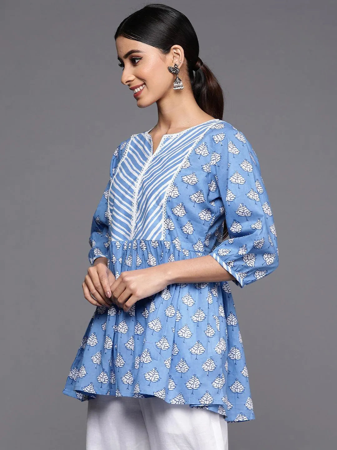 Blue Printed Cotton A-Line Kurti - Libas