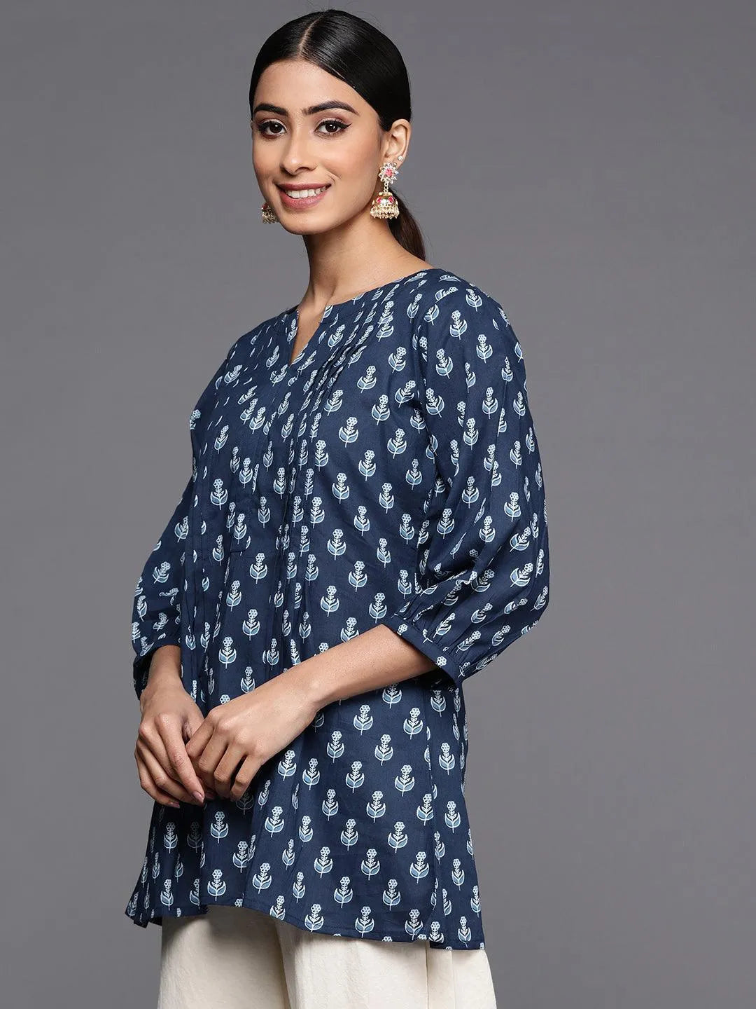 Blue Printed Cotton A-Line Kurti - Libas