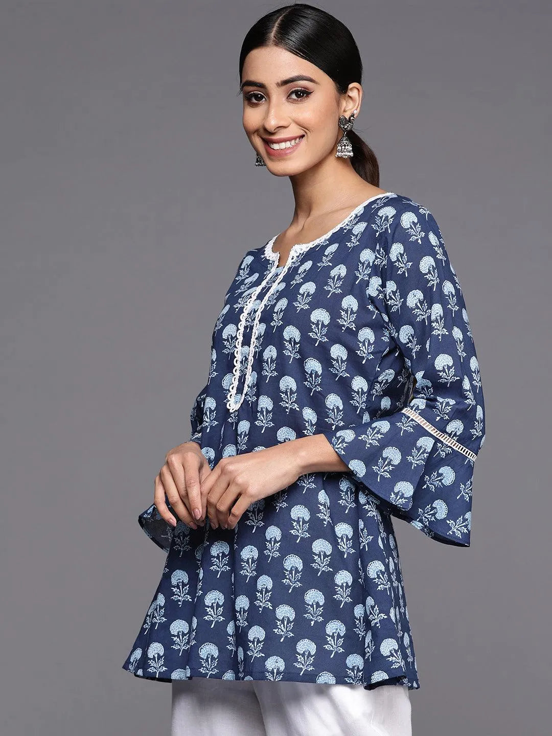 Blue Printed Cotton A-Line Kurti - Libas 