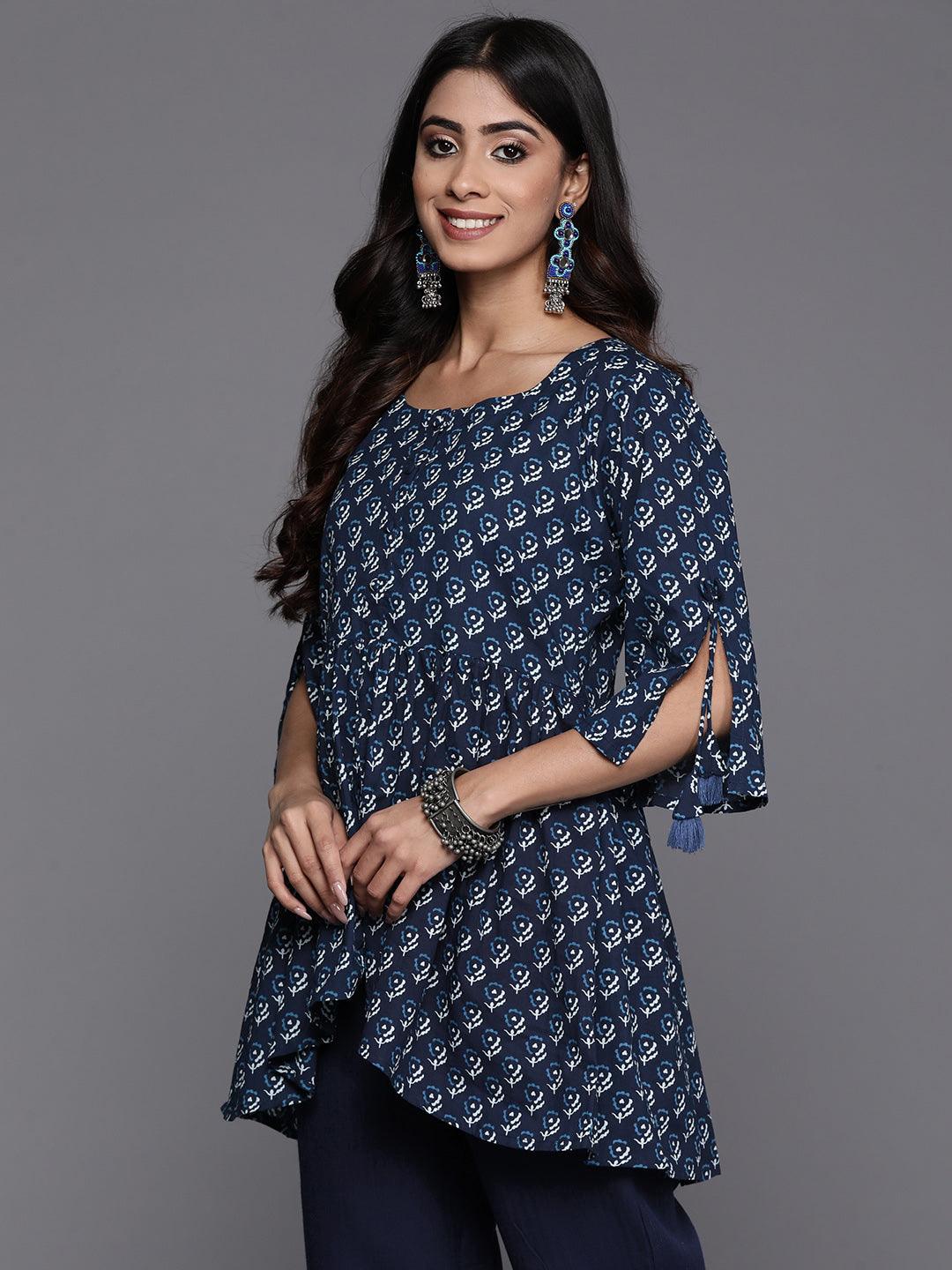 Blue Printed Cotton A-Line Kurti - Libas