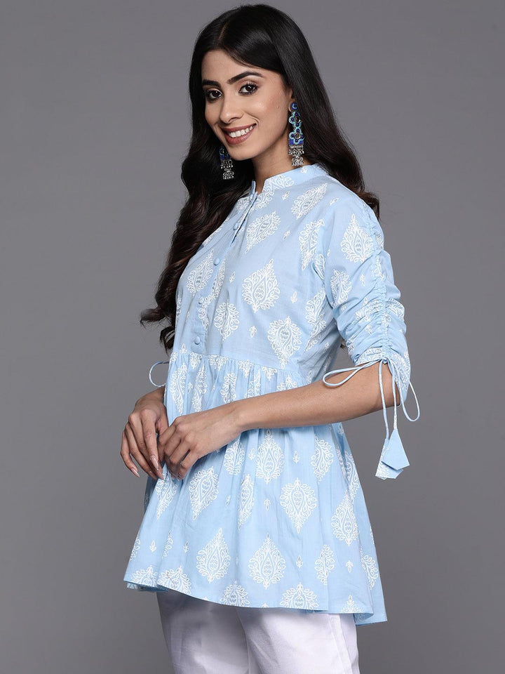 Blue Printed Cotton A-Line Kurti - Libas