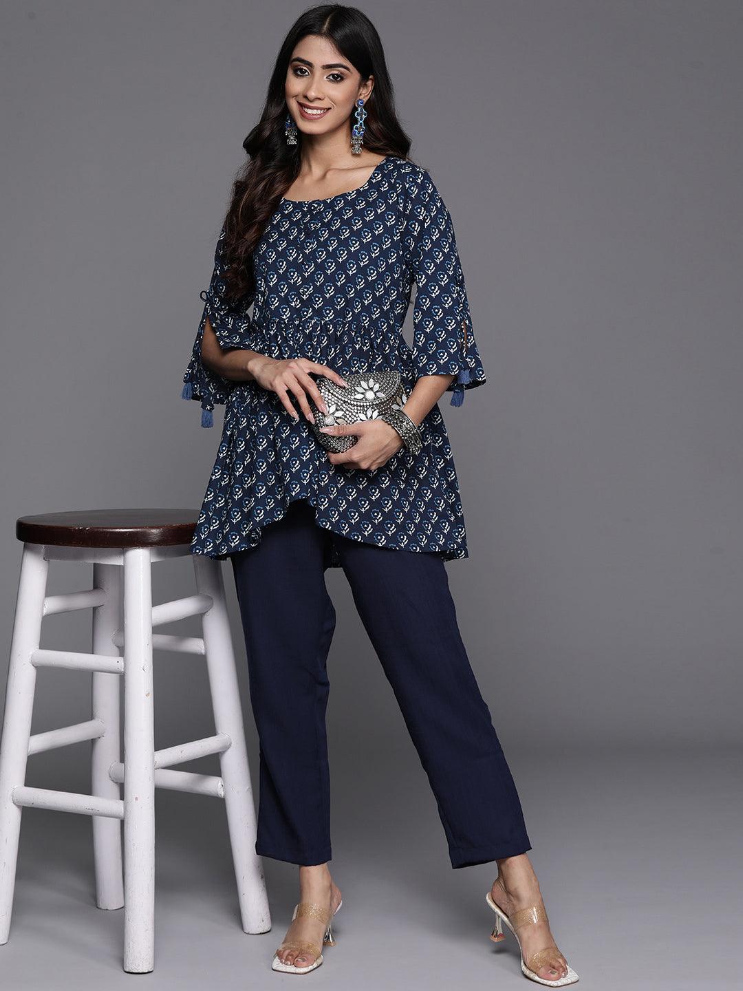 Blue Printed Cotton A-Line Kurti - Libas