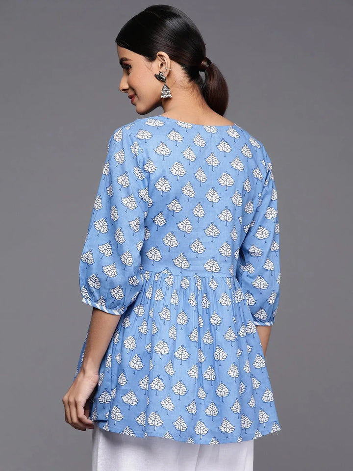 Blue Printed Cotton A-Line Kurti - Libas