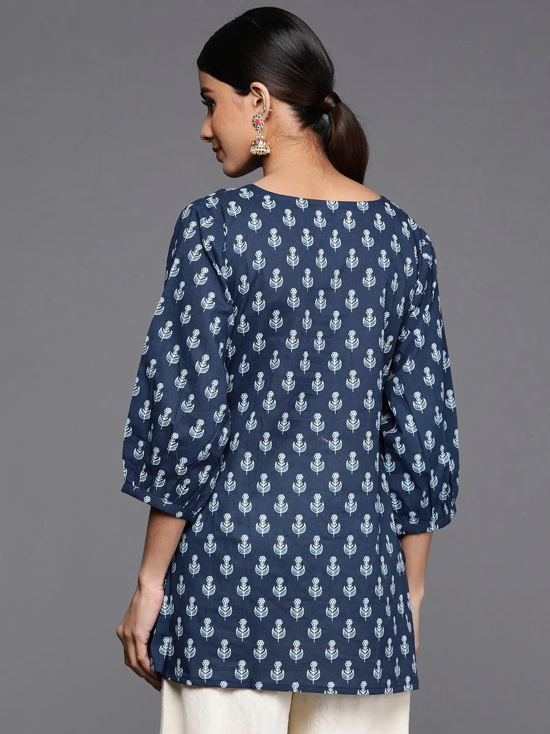 Blue Printed Cotton A-Line Kurti - Libas