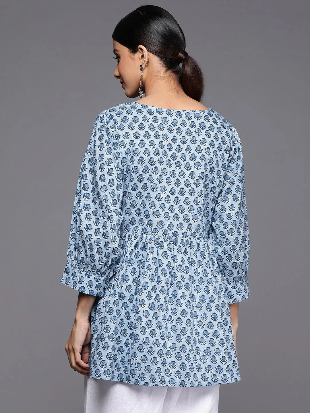 Blue Printed Cotton A-Line Kurti - Libas