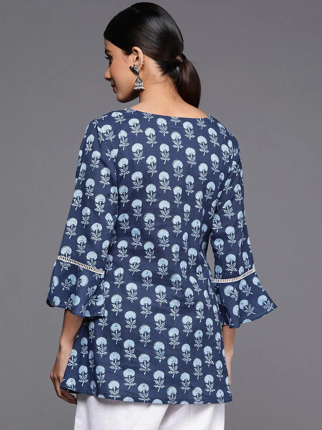 Blue Printed Cotton A-Line Kurti - Libas 