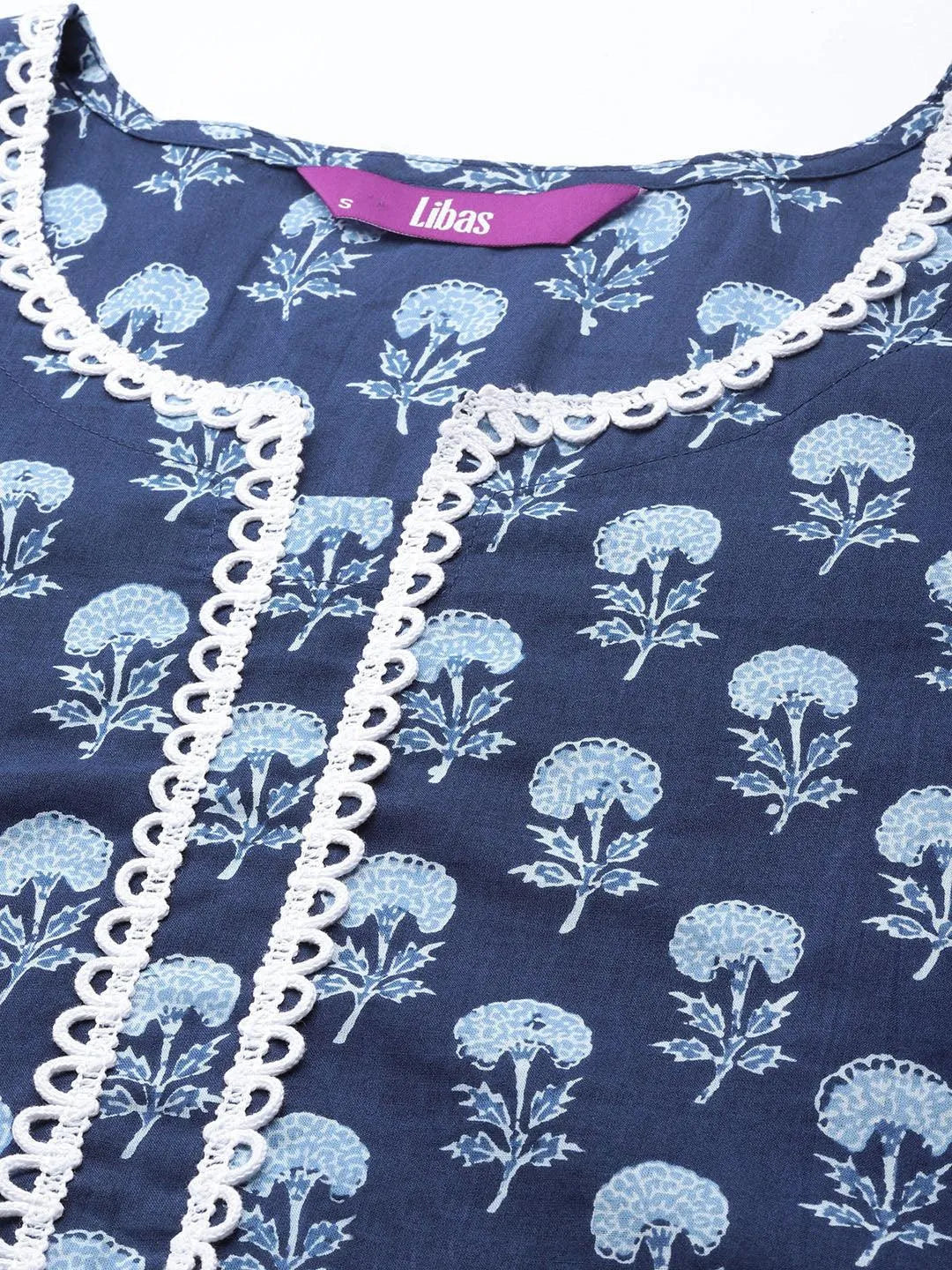 Blue Printed Cotton A-Line Kurti - Libas