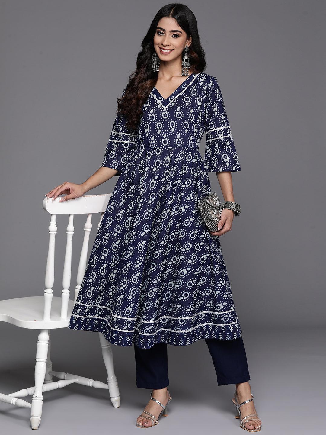 Blue Printed Cotton Anarkali Kurta - Libas