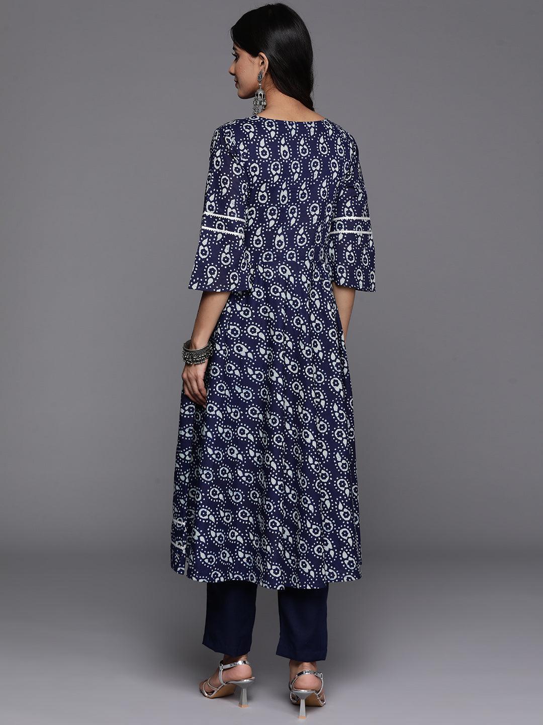 Blue Printed Cotton Anarkali Kurta - Libas