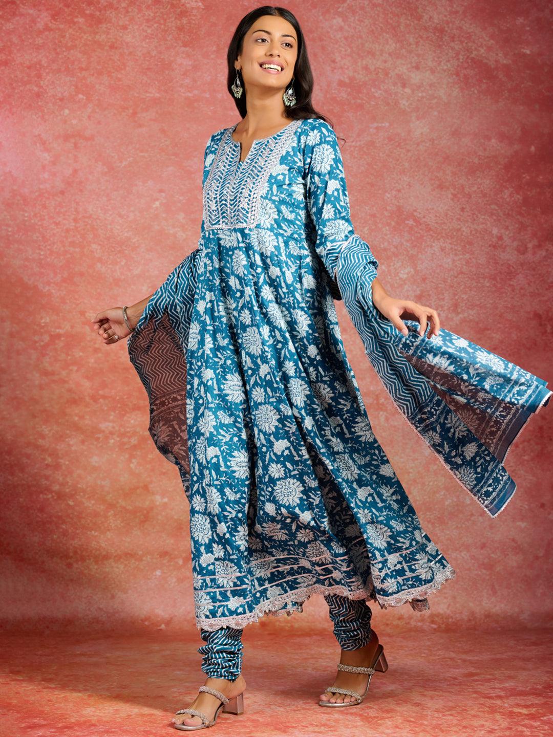 Blue Printed Cotton Anarkali Kurta With Churidar & Dupatta - Libas 