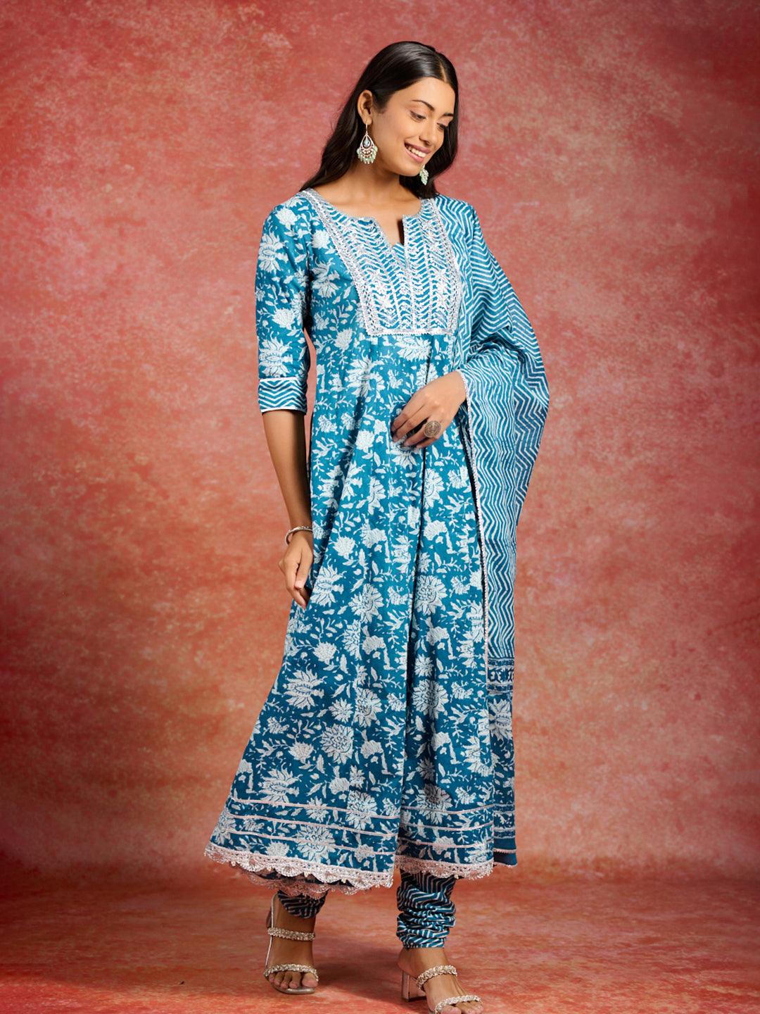 Blue Printed Cotton Anarkali Kurta With Churidar & Dupatta - Libas 