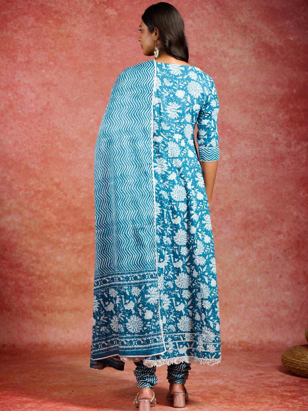 Blue Printed Cotton Anarkali Kurta With Churidar & Dupatta - Libas 