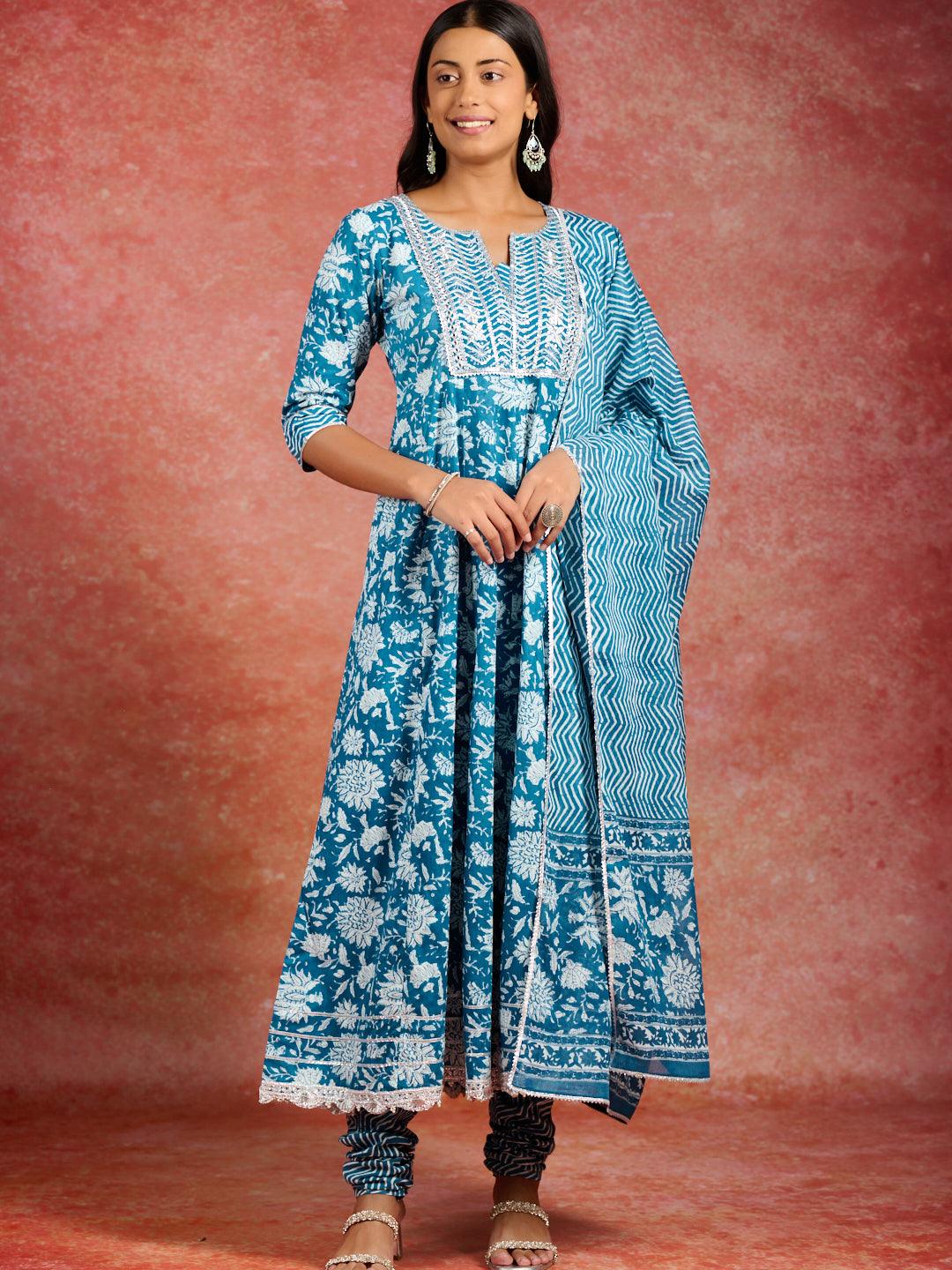 Blue Printed Cotton Anarkali Kurta With Churidar & Dupatta - Libas 