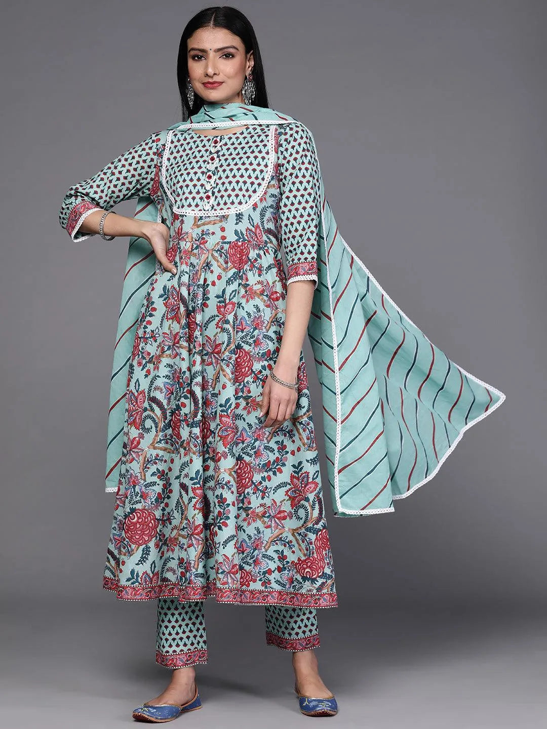 Blue Printed Cotton Suit Set - Libas 