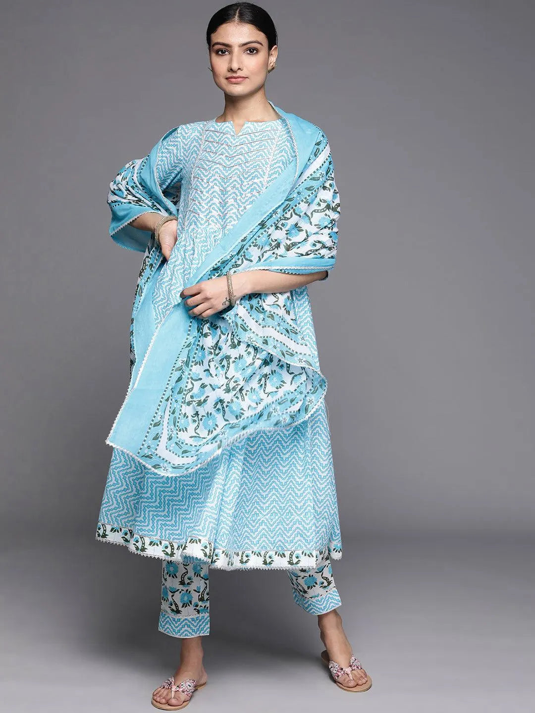 Blue Printed Cotton Suit Set - Libas 