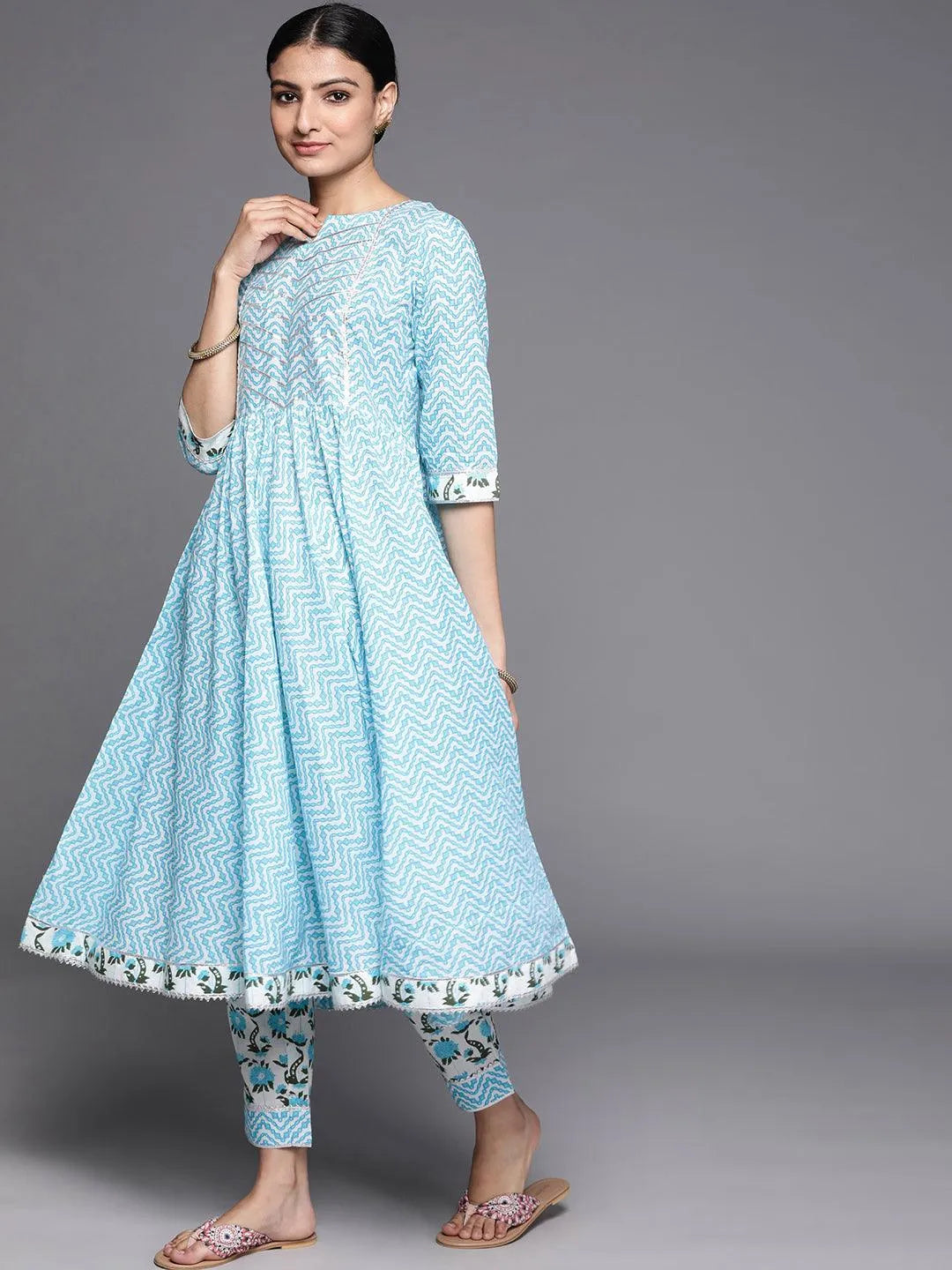 Blue Printed Cotton Suit Set - Libas 