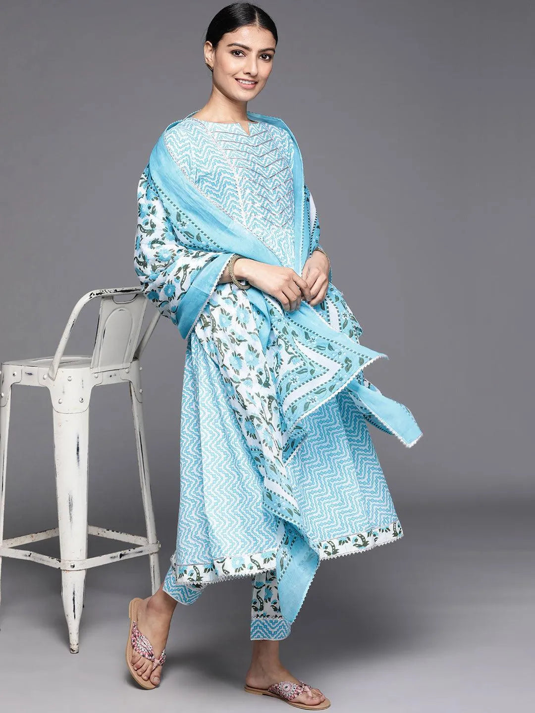 Blue Printed Cotton Suit Set - Libas 