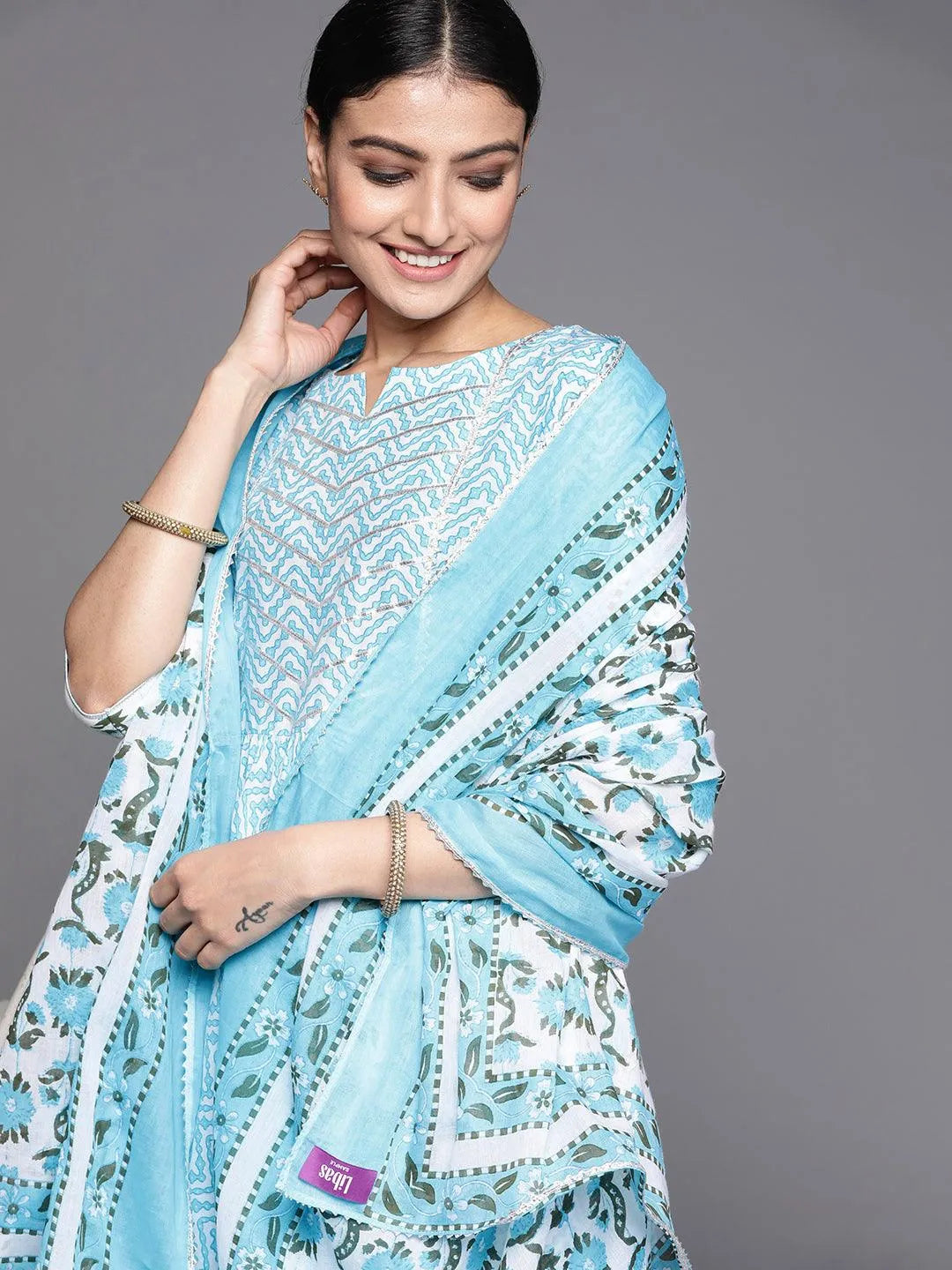 Blue Printed Cotton Suit Set - Libas 