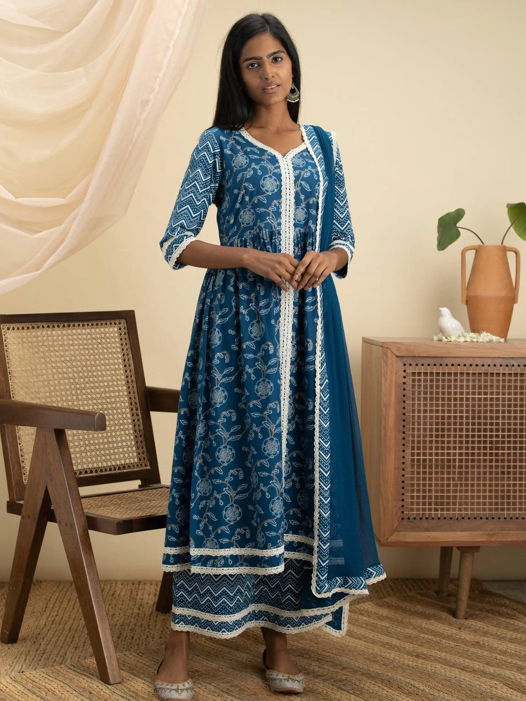 Blue Printed Cotton Suit Set - Libas 