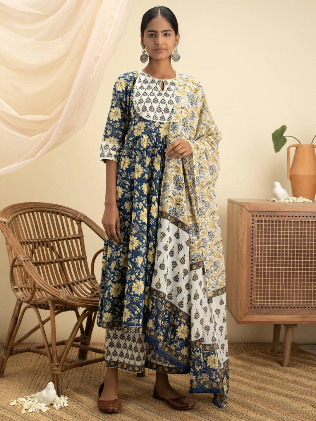 Blue Printed Cotton Suit Set - Libas 